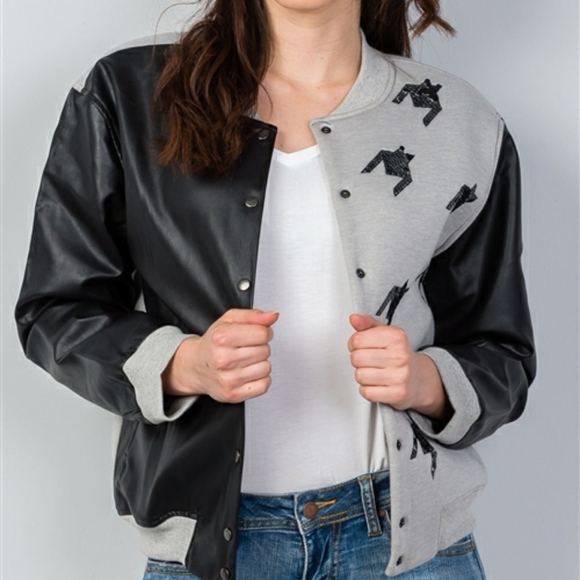 Black/Grey Colorblock Vegan Varsity Faux Leather Jacket Sequins Details - Picture 3 of 8